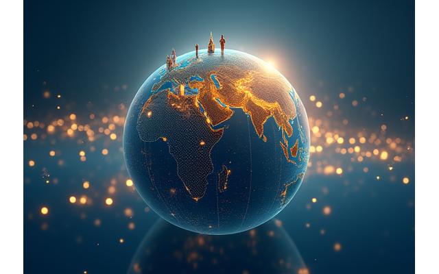 Un globe stylisé entouré de symboles de voyage et de petites icônes représentant des voyageurs heureux