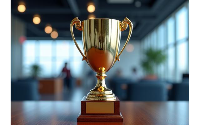 Un trophée doré 'Excellent Service' avec un arrière-plan flou de bureaux modernes et lumineux