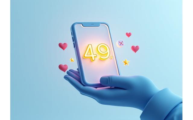 Illustration d'une main tenant un smartphone avec des étoiles de notation 4.9/5 et des icônes de coeurs