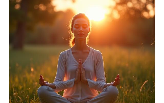 Une personne pratiquant la respiration profonde dans un cadre paisible, symbolisant la gestion du stress.