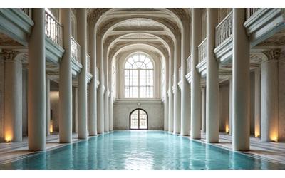 Grand bâtiment thermal allemand Art Nouveau avec des colonnes élégantes.