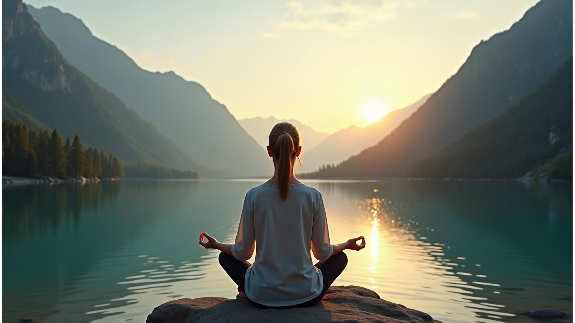 Une femme sereine méditant au lever du soleil dans un paysage montagneux, symbolisant la transformation et le bien-être.