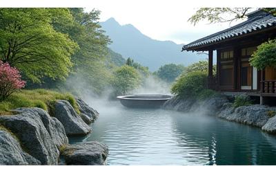 Onsen traditionnel japonais dans un jardin luxuriant.