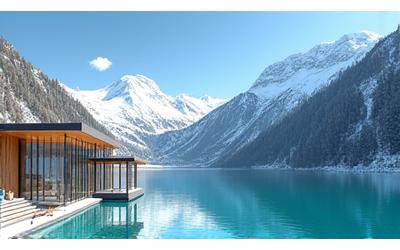 Lac alpin paisible entouré de montagnes majestueuses et d'un hôtel spa de luxe.