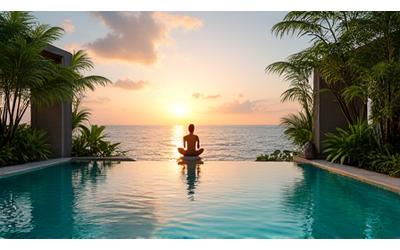 Retraite de bien-être en Thaïlande avec piscine à débordement et vue sur la mer.