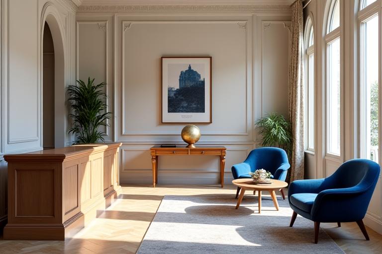 Intérieur élégant du bureau Étoile Voyage à Paris, avec vue sur la ville.