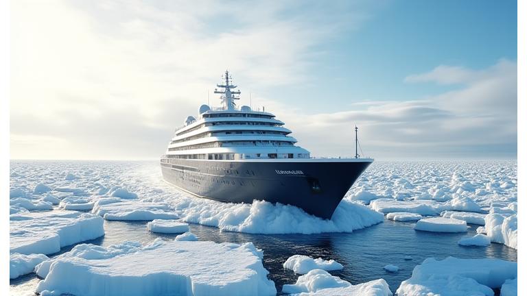 Brise-glace de luxe naviguant dans des eaux arctiques gelées sous un ciel dramatique