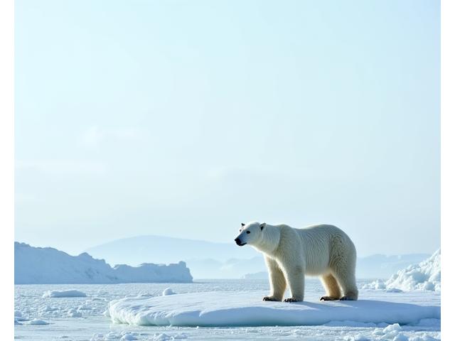 Ours polaire majestueux sur une banquise, capturé de loin avec un guide inuit en arrière-plan