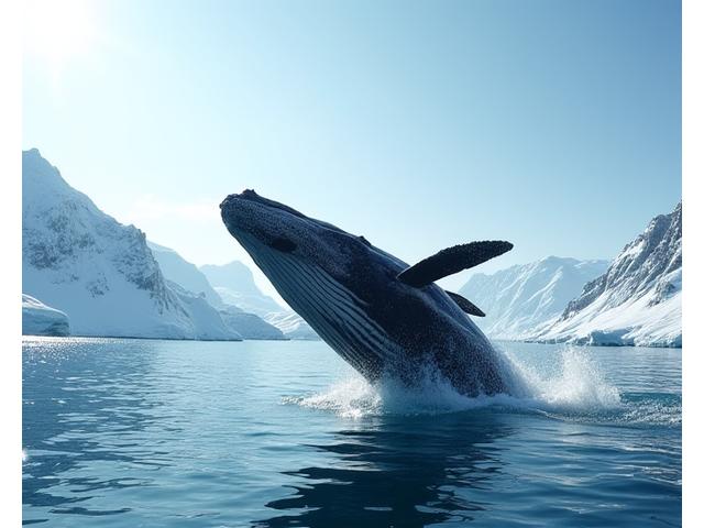 Baleine à bosse émergeant de l'eau dans les eaux arctiques, avec des montagnes en arrière-plan