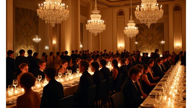 Scène de gala dans un ancien palais parisien, avec des lumières douces et des invités en tenue de soirée interagissant.