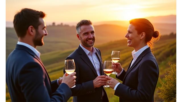 Groupe de dirigeants souriants lors d'un voyage de motivation en Toscane, avec un vignoble en arrière-plan.
