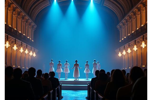 Performance artistique captivante dans un théâtre ancien, avec des danseurs en costumes traditionnels illuminés par des projecteurs.