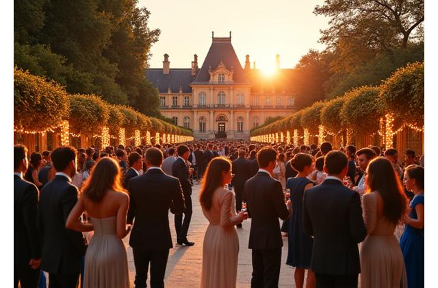 Mariage élégant dans un château français historique, avec les invités profitant du jardin au coucher du soleil.