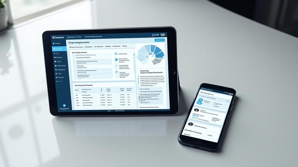 Écran de tablette affichant un tableau de bord de gestion de groupe avec des icônes de localisation, calendrier et communication, à côté d'un smartphone affichant une application voyage pour participant.