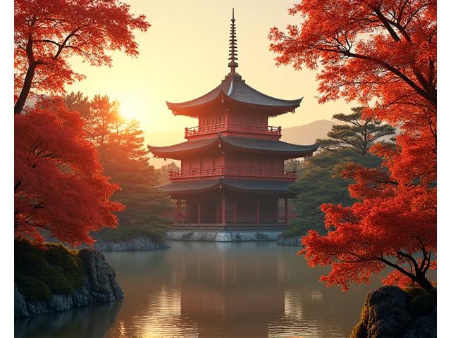 Temple doré illuminé au coucher du soleil à Kyoto, Japon