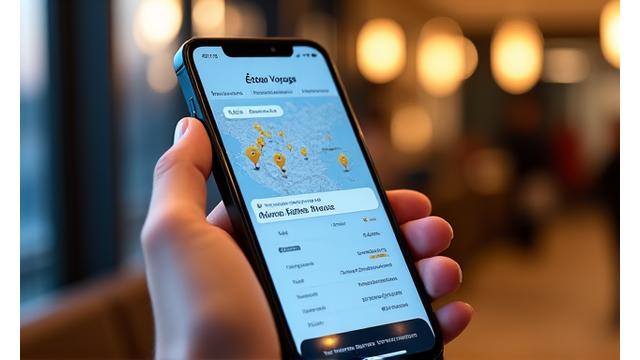 Aperçu de l'interface d'une application mobile de voyage avec des cartes et des itinéraires