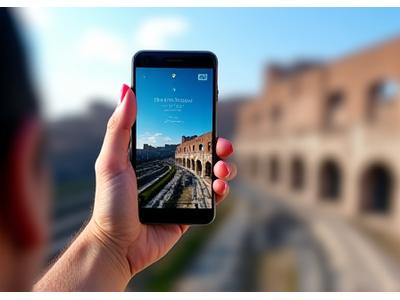 Touriste utilisant un smartphone avec une application de réalité augmentée superposant des informations historiques sur un monument ancien.