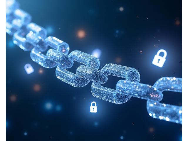 Visualisation abstraite de la technologie blockchain avec des blocs interconnectés et des cadenas, symbolisant la sécurité et la transparence des données.