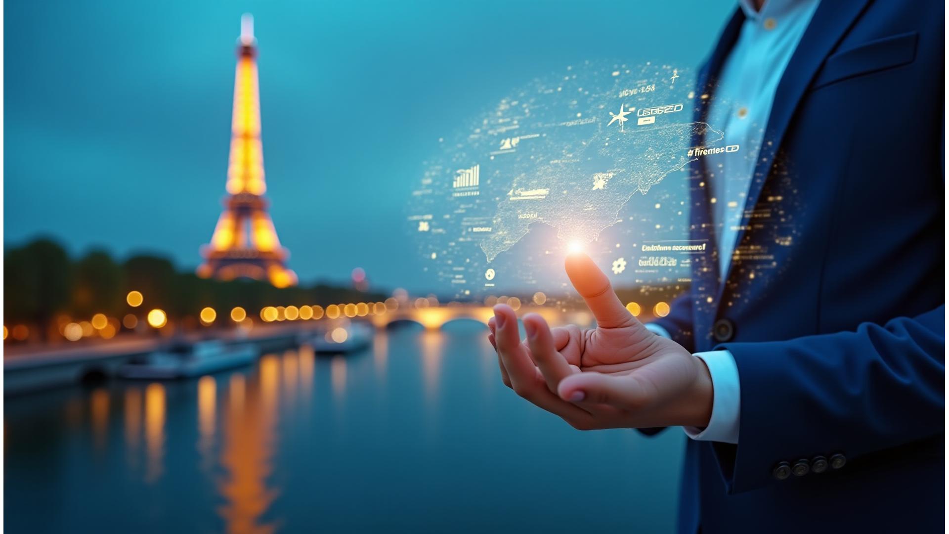 Interface de réalité augmentée montrant des cartes et des données de voyage projetées dans l'air, mains interagissant avec des hologrammes.
