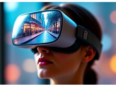 Personne portant un casque VR, explorant un jardin japonais virtuel avec des détails incroyables.