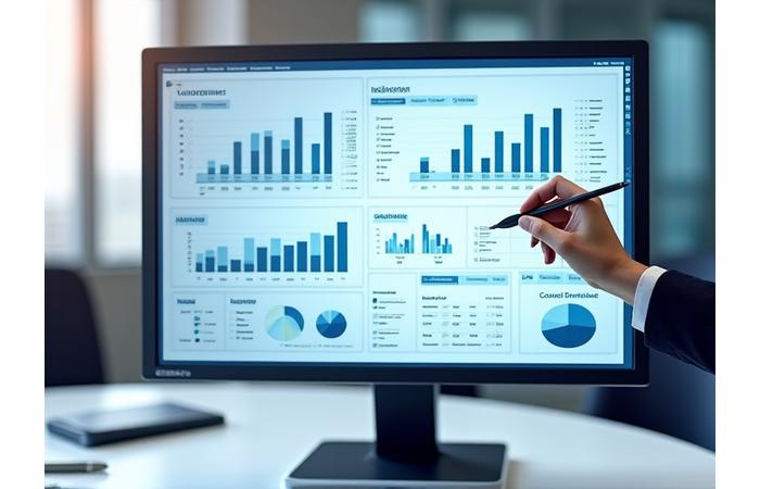 Infographie et tableaux de bord numériques illustrant l'analyse de données, la conformité réglementaire et le reporting financier détaillé. Un design épuré et professionnel.