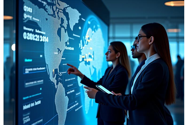 Professionnels en réunion et globe virtuel lumineux symbolisant les voyages d'affaires et la connectivité globale. Une image élégante et moderne.