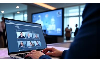 Professionnels interagissant sur une plateforme de vidéoconférence, avec des éléments d'un événement physique en arrière-plan, illustrant l'approche hybride.