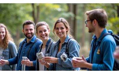 Groupe de collègues en activité de team building dans un paysage extérieur, symbolisant un voyage incentive.