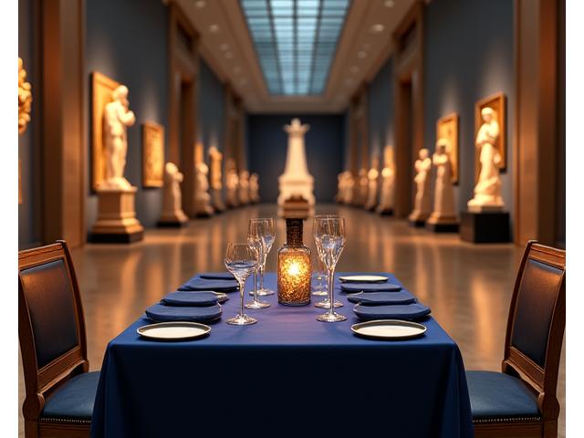 Dîner privé élégant dans une galerie d'art vide du Louvre.