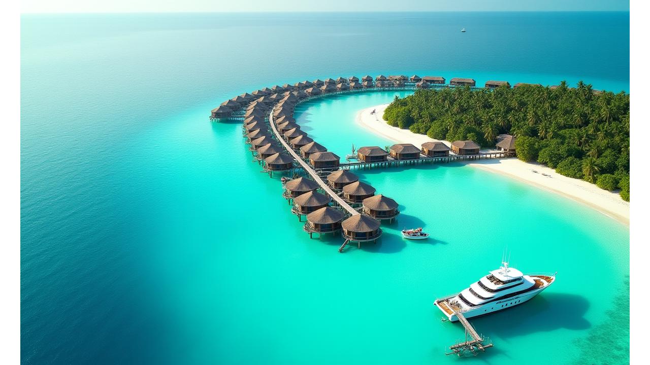 Vue aérienne d'une île privée idyllique aux Maldives avec un bungalow sur l'eau luxueux.