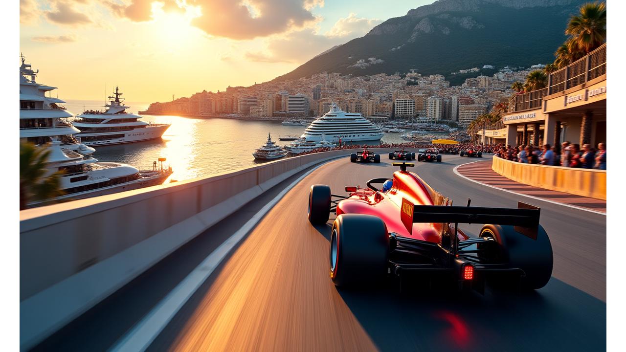 Vue plongeante sur le Grand Prix de Monaco, avec des yachts luxueux et voitures de course.