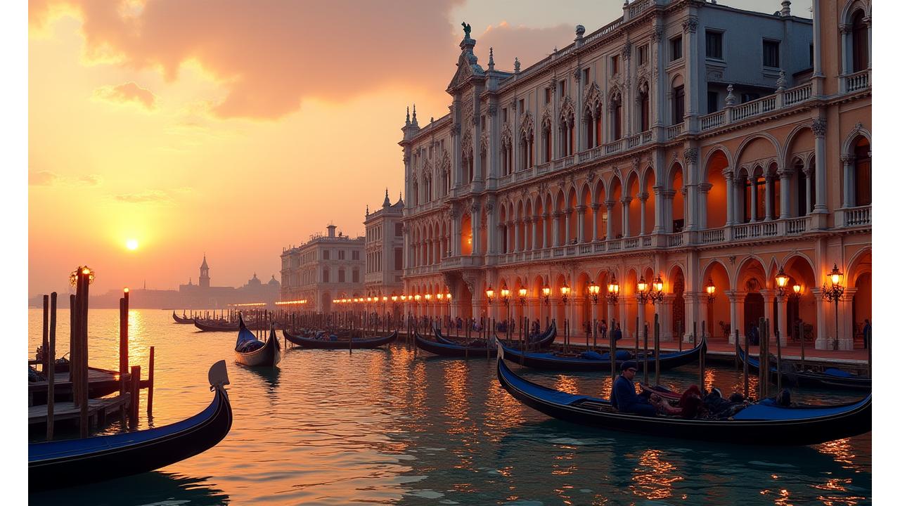 Palazzo vénitien luxueux donnant sur le Grand Canal avec gondoles au coucher du soleil.