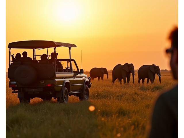 Jeep de safari luxueuse observant des éléphants africains avec un expert conservationniste.