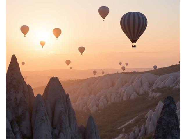 Montgolfières survolant des cheminées de fées de Cappadoce au lever du soleil.
