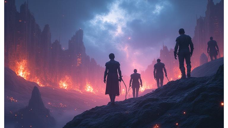 Image d'une scène de film épique, par exemple une bataille fantastique ou un paysage de science-fiction, contrastant avec son lieu de tournage réel.