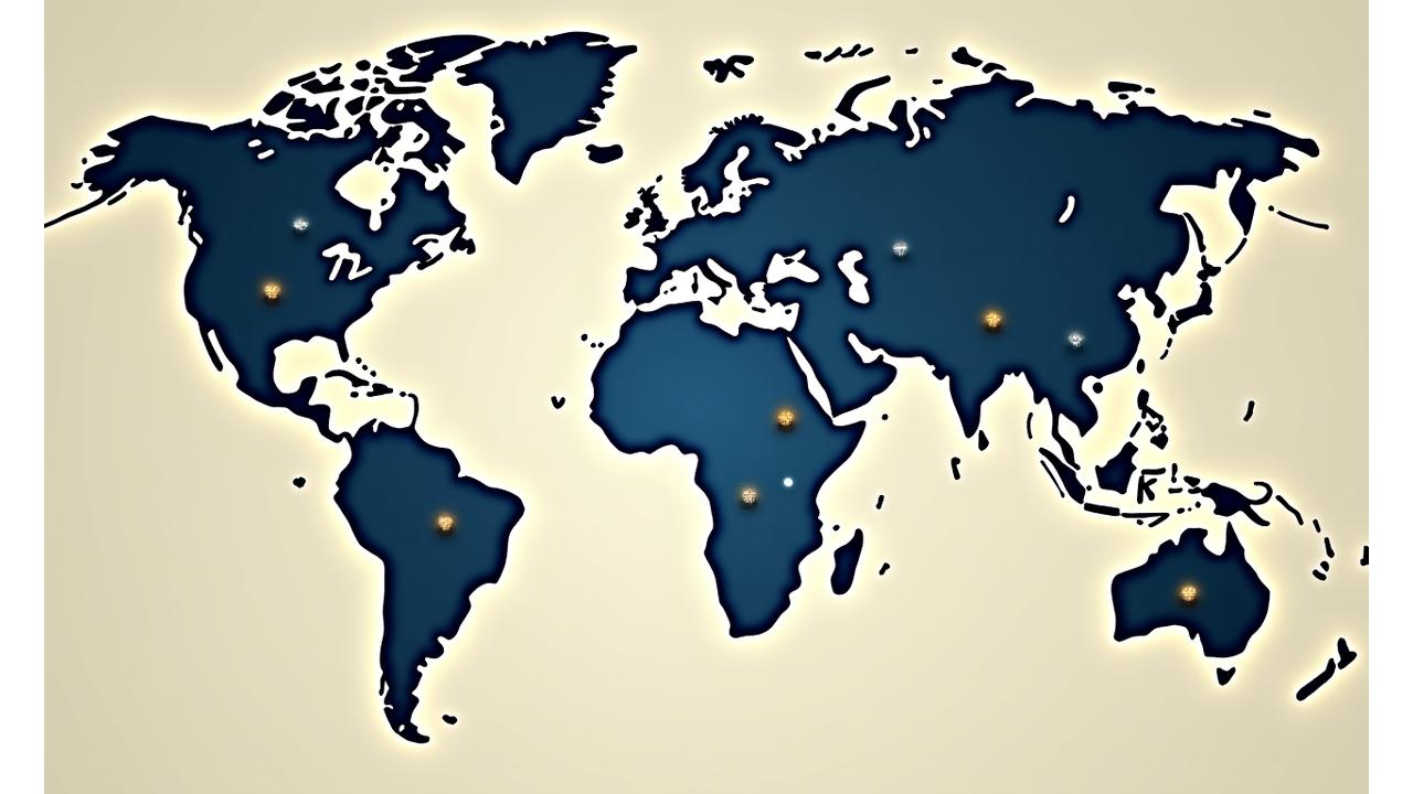 Une carte du monde stylisée, avec des points lumineux marquant des lieux de tournage célèbres. Des icônes de pellicule et de clap s'affichent sur la carte, suggérant l'interactivité.