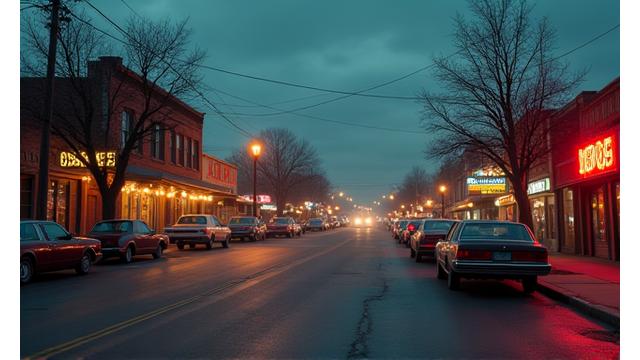 Image d'événements mystérieux dans un décor de ville américaine des années 80, rappelant Stranger Things.