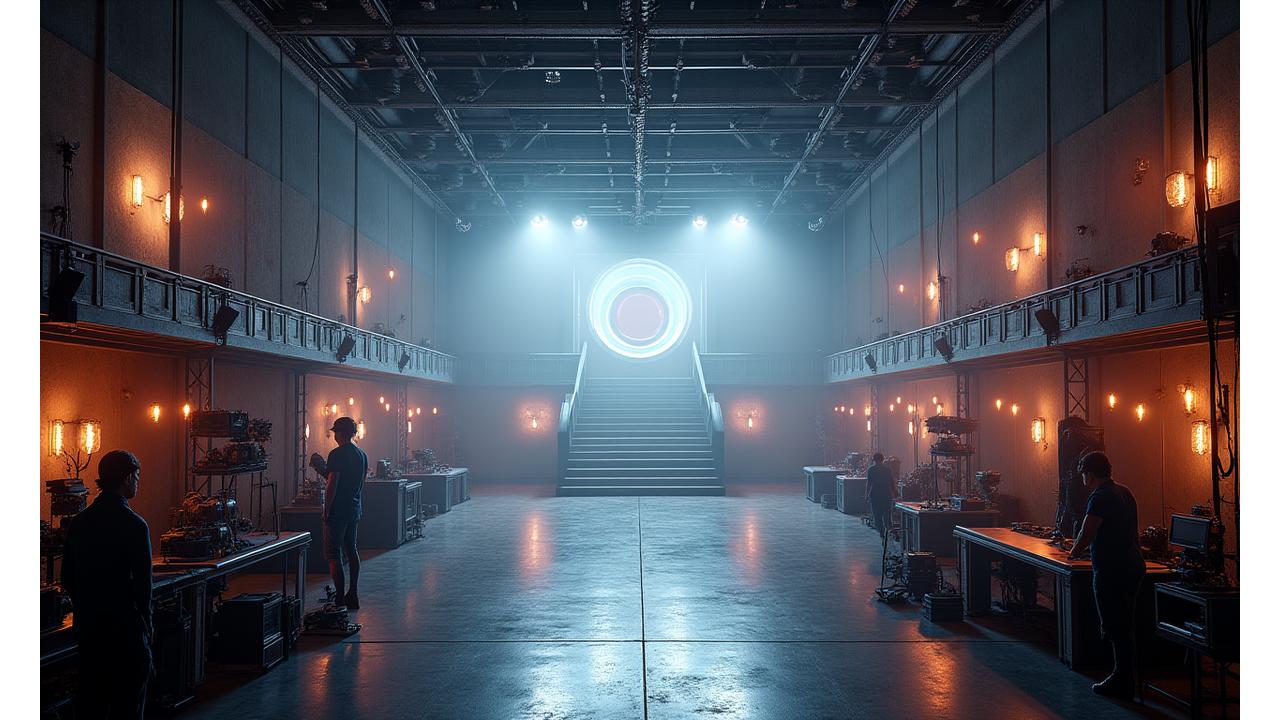 Visite guidée dans un grand studio de cinéma, avec des décors gigantesques, des équipements de tournage et des figurants en costume.