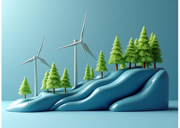 Infographie stylisée montrant des courbes de réduction de CO2 et des arbres plantés, illustrant la neutralité carbone.