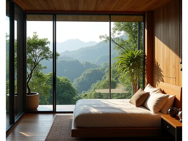 Chambre luxueuse d'un écolodge avec vue sur une jungle dense