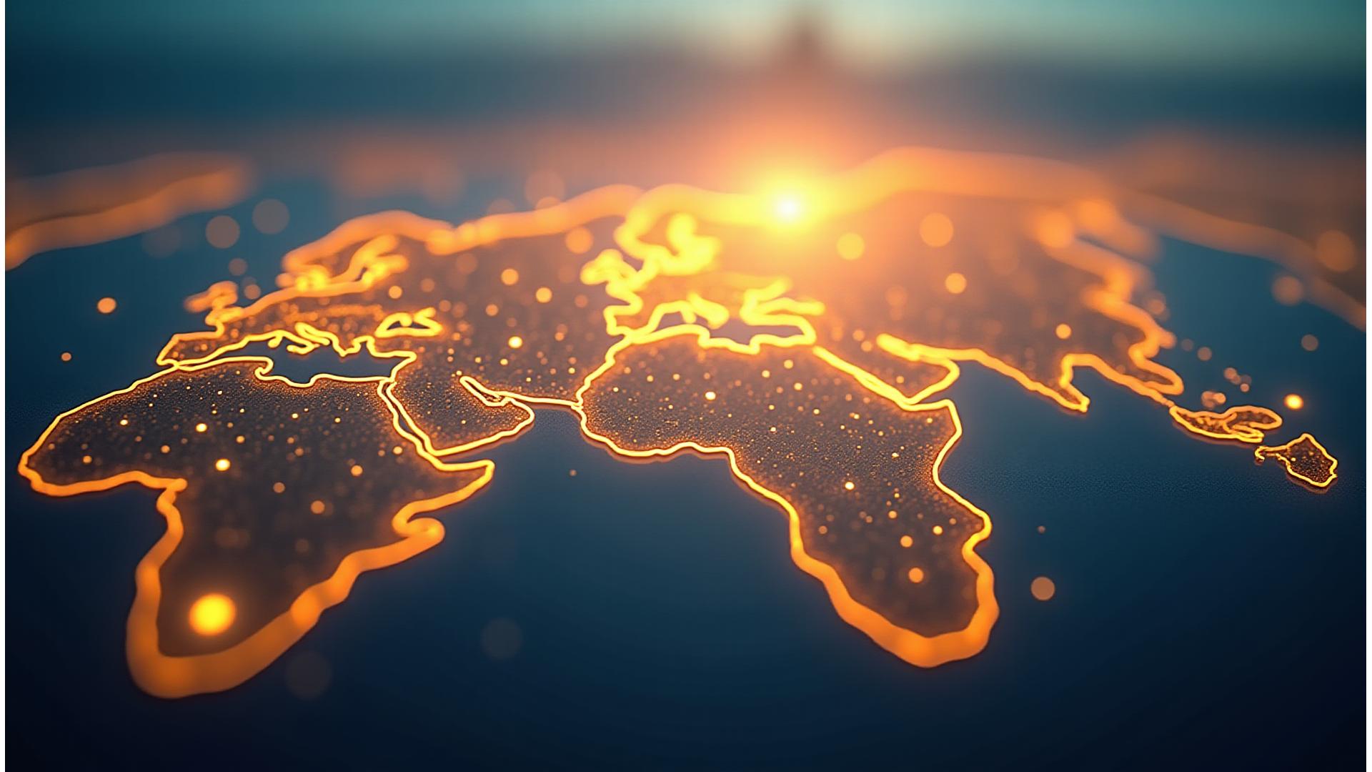 Carte du monde stylisée avec des chemins lumineux représentant des itinéraires de voyage uniques et personnalisés