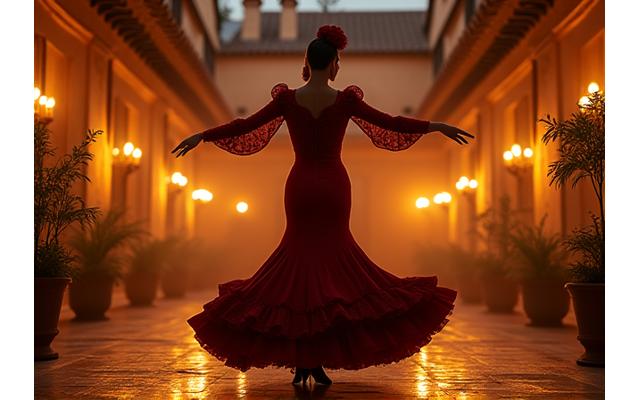 Danseuse de flamenco passionnée dans une cour andalouse historique, illuminée par un coucher de soleil chaleureux, représentant un voyage culturel
