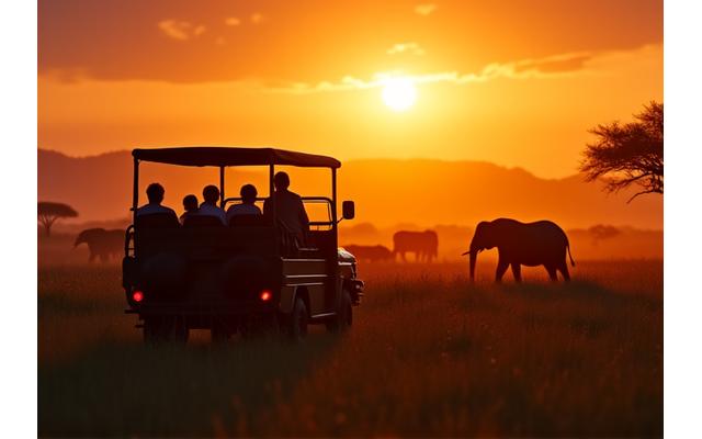 Famille en safari de luxe en Afrique du Sud, observant des éléphants au lever du soleil depuis un véhicule ouvert, symbole d'une expérience familiale unique