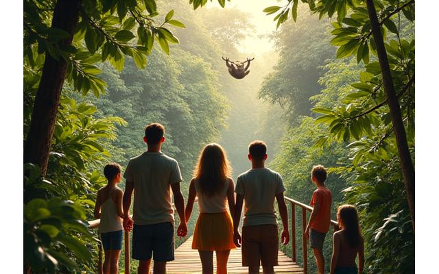 Famille en randonnée dans la jungle luxuriante du Costa Rica, observant un paresseux, symbolisant un voyage d'aventure et écologique