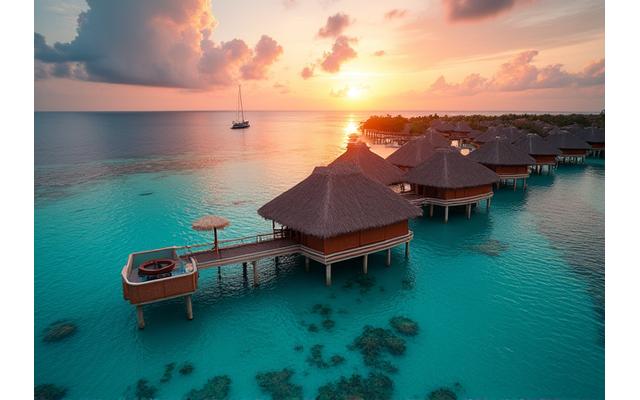 Resort de luxe sur l'eau aux Maldives au coucher du soleil, avec une villa sur pilotis privée, évoquant un voyage de noces romantique