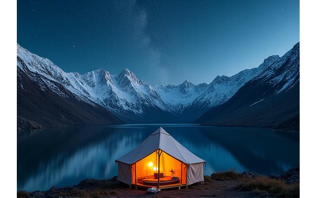 Tente de glamping luxueuse au milieu des montagnes majestueuses de Patagonie, avec un ciel étoilé au-dessus, pour un voyage d'aventure haut de gamme
