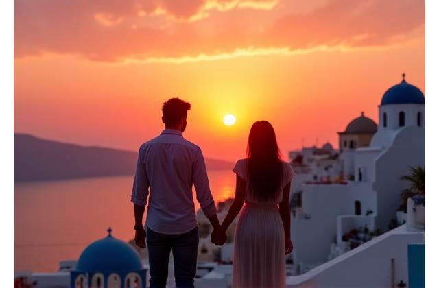 Photo de couple au coucher de soleil à Santorin, Grèce, avec en arrière-plan des maisons blanches iconiques