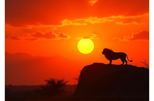 Photo d'un lion majestueux en pleine savane, Afrique, au lever du soleil