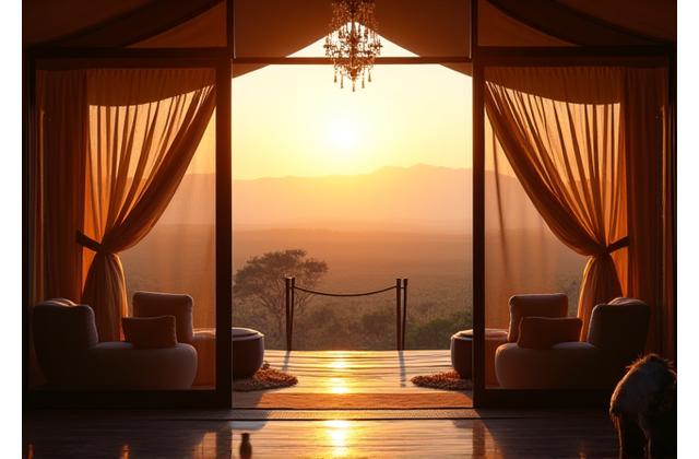 Photo d'un camp de tentes de safari de luxe avec vue sur la savane